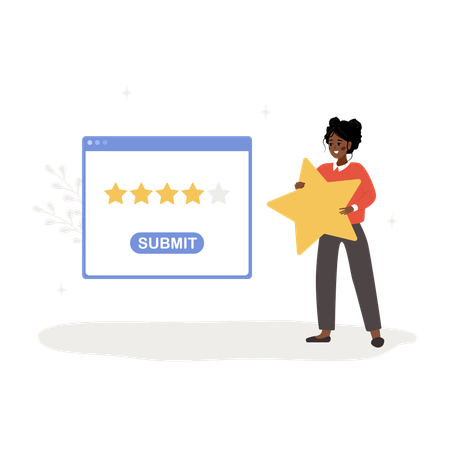 African woman holding star and giving five stars rating  Illustration