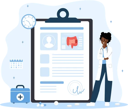 Proctologist Concept Female Doctor Make Diagnosis And Choose Treatment Methods African Woman In Lab Coat Analysis Intestine Prevention Of Cancer Cartoon Vector Illustration Colon Diseases Illustration