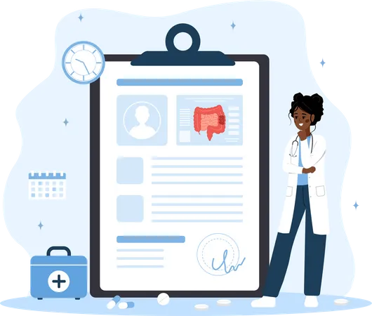 African woman in lab coat analysis intestine  Illustration