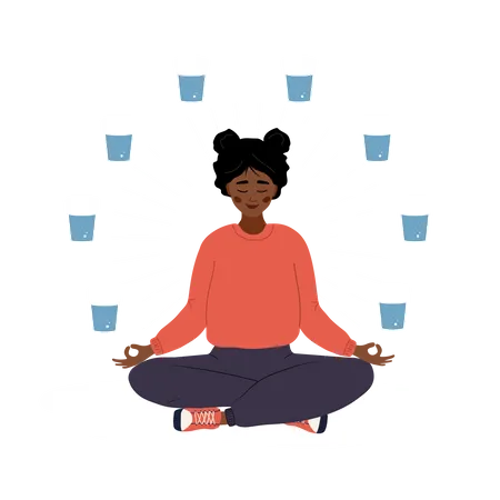 African Woman In Lotus Position With Glasses Of Water  Illustration
