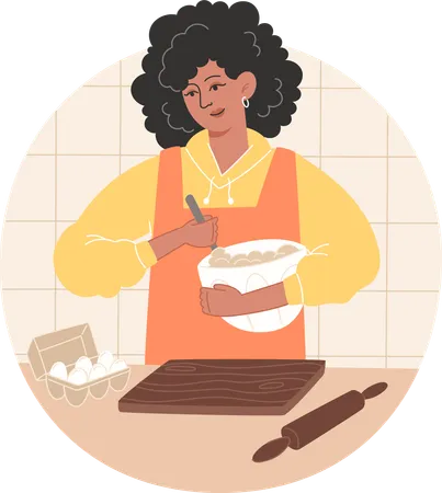African woman is preparing pastries at home in the kitchen  Illustration