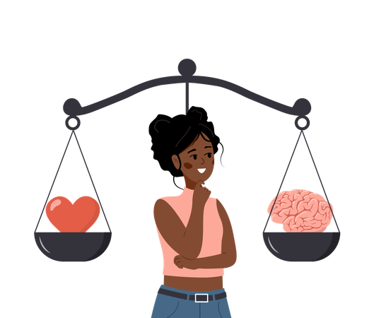 African Woman Looking At Scale With Love In One Side And Practical In Opposite  Illustration