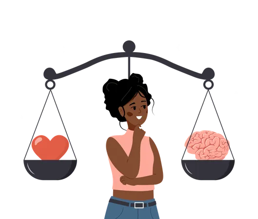 African Woman Looking At Scale With Love In One Side And Practical In Opposite  Illustration