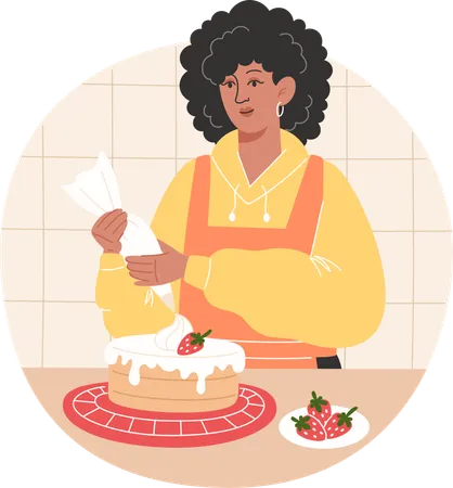 African woman makes a strawberry cake at home  일러스트레이션