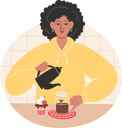 African woman makes coffee at home  Illustration