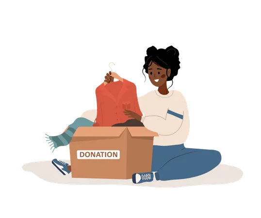 African woman putting old used clothes ready to be shared or recycled to cardboard box  Illustration