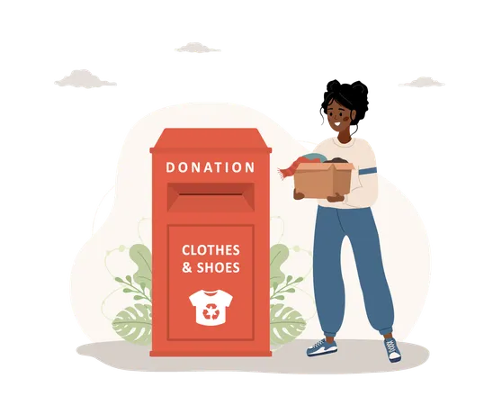 African woman with cardboard box gives things for recycling or donated  Illustration