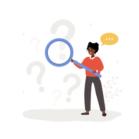 African woman with magnifying glass search for answers  Illustration