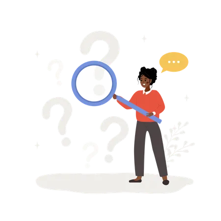 African woman with magnifying glass search for answers  Illustration