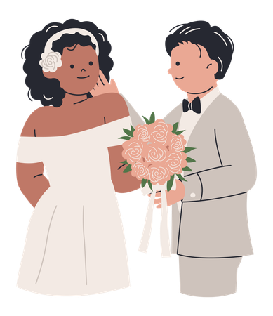 Afrikanische Braut heiratet asiatischen Bräutigam  Illustration