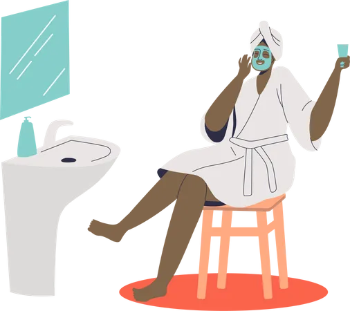 Afrikanische Amerikanische Frau Die Kosmetische Spa Maske Fur Die Gesichtspflege Macht Karikaturfrau Mit Gesichtsmaske Im Kosmetologiezentrum Flache Vektorillustration Illustration