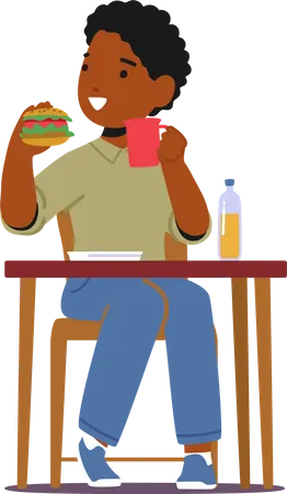 Afrikanischer Junge isst Burger, während er am Tisch sitzt  Illustration