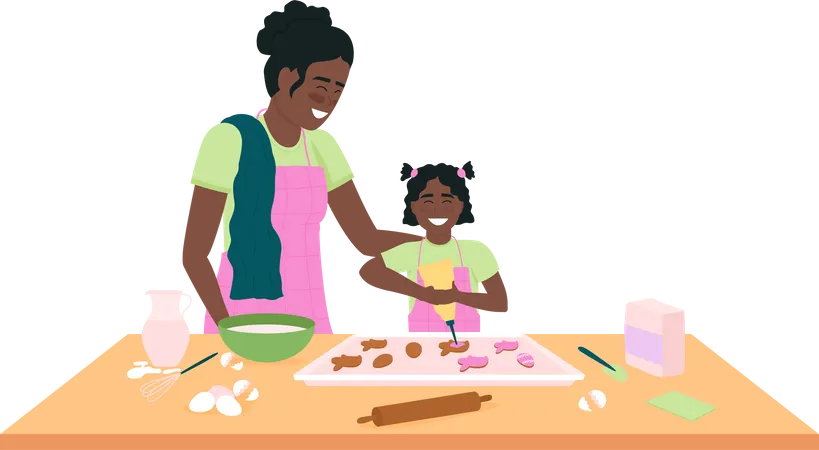 Mère et fille afro-américaine préparant des biscuits de Pâques  Illustration