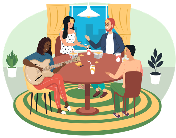 Afro American woman playing guitar and perform at home  Illustration