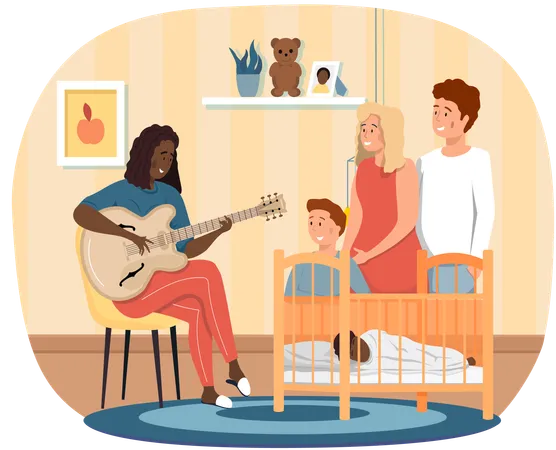 Afro American woman playing guitar and singing to little child and other relatives at home  Illustration