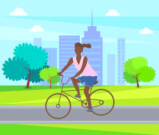 Female Ride On Cycle Active Way Of Life Woman Cycling In Park Afro American Lady Riding On Bike Vector Teenage Girl At Bicycle Cartoon Character Buildings Illustration