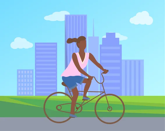 Teenage Girl At Bicycle Cartoon Character Buildings Vector Female Ride On Cycle Active Way Of Life Woman Cycling In Park Afro American Lady Riding On Bike Illustration