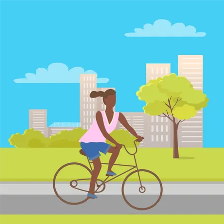 Afro American Woman Riding On Bike In City Park With Trees Bushes And Buildings Vector Teenage Girl At Bicycle Cartoon Character Female Ride On Cycle Illustration