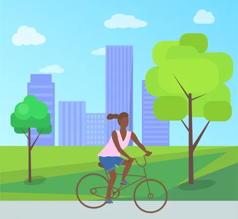 Afro American Woman Riding On Bike In City Park With Trees Bushes And Buildings Vector Teenage Girl At Bicycle Cartoon Character Female Ride On Cycle Illustration