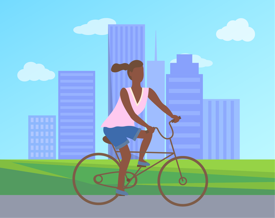 Afro-American woman riding bike in park  Illustration