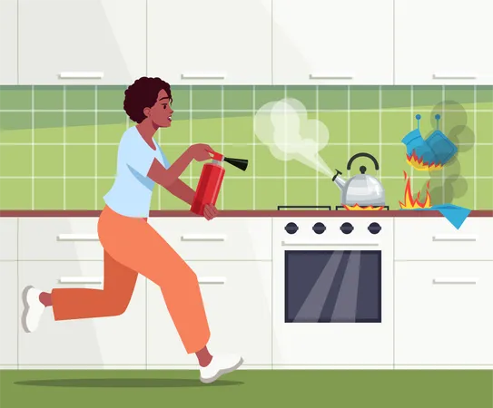 Afro american woman running with fire-extinguisher in hands Illustration