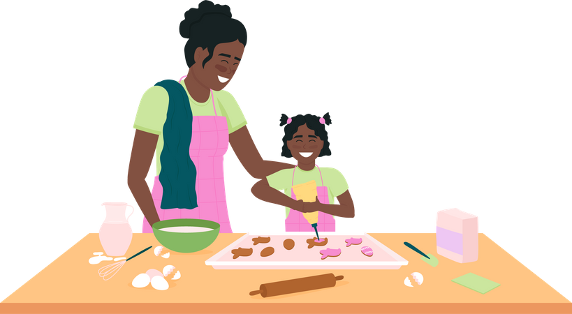 Mãe e filha afro-americana assando biscoitos de páscoa  Ilustração