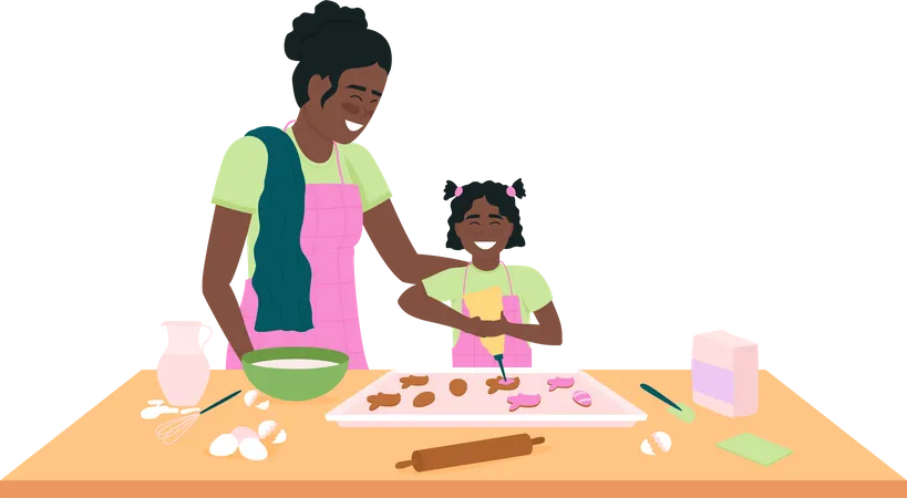 Mãe e filha afro-americana assando biscoitos de páscoa  Ilustração