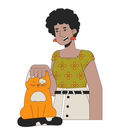 Femme cheveux afro caressant la tête de chat  Illustration