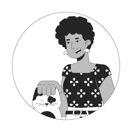 Afro Hair Woman Stroking Cat Head Black And White 2 D Vector Avatar Illustration African American Lady Adopting Kitten Outline Cartoon Character Face Isolated Pet Lover Female Flat User Profile Image Illustration