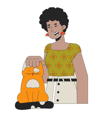 Afro hair woman stroking cat head  Illustration