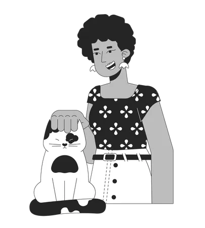 Afro hair woman stroking cat head  Illustration