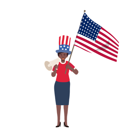 Afroamerikanische Frau hält amerikanische Flagge mit Megafon zum Unabhängigkeitstag und Patriotismus  Illustration