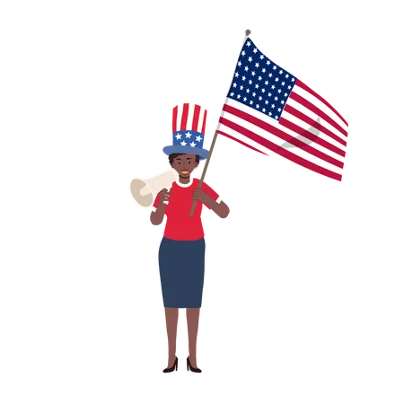 Afroamerikanische Frau hält amerikanische Flagge mit Megafon zum Unabhängigkeitstag und Patriotismus  Illustration