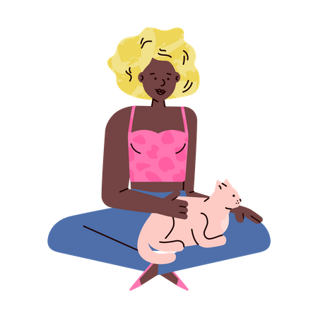 Afroamerikanische Frau Zeichentrickfigur sitzt auf dem Boden und streichelt eine Katze  Illustration