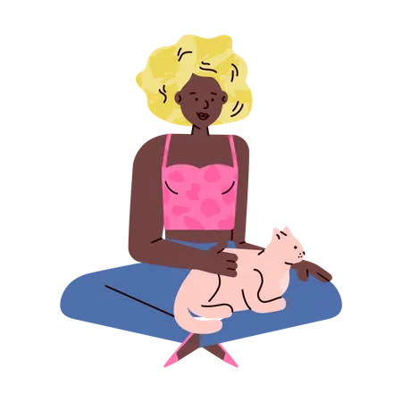 Afroamerikanische Frau Zeichentrickfigur sitzt auf dem Boden und streichelt eine Katze  Illustration