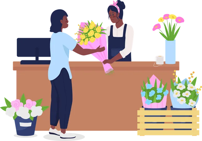 Afroamerikanische Frauen kaufen und verkaufen Blumen  Illustration