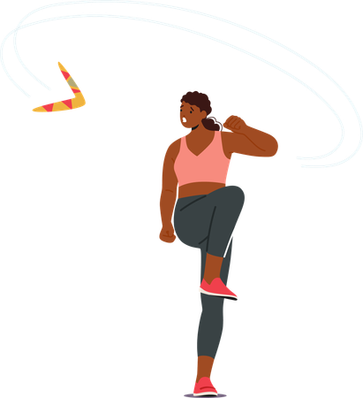 Afroamerikanische Sportlerin im sportlichen Outfit wirft Bumerang mit Energie und Konzentration  Illustration