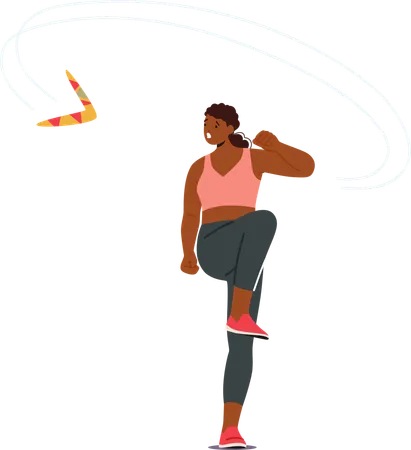 Afroamerikanische Sportlerin im sportlichen Outfit wirft Bumerang mit Energie und Konzentration  Illustration