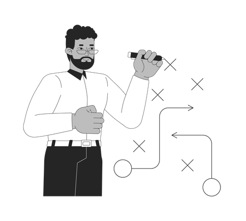 Afrikanischer amerikanischer Geschäftsmann entwirft Strategie mit Flussdiagramm  Illustration