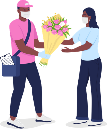 Afroamerikanischer Kurier mit Gesichtsmaske schenkt Frau Blumen  Illustration