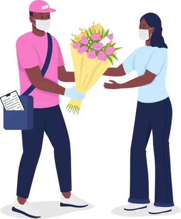 Afroamerikanischer Kurier mit Gesichtsmaske schenkt Frau Blumen  Illustration