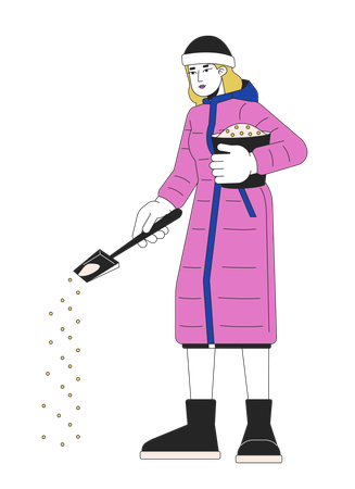 Mulher de roupas quentes tratando gelo na calçada  Ilustração