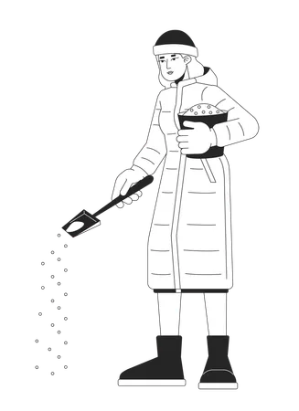 Mulher de roupas quentes tratando gelo na calçada  Ilustração