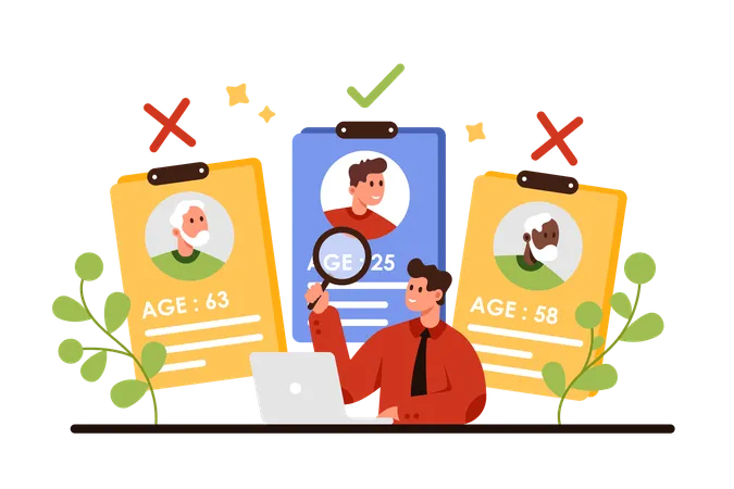 Age Discrimination Ageism Problem Of Society Tiny HR Manager With Prejudice Towards Older Candidates For Vacancy Studying Resume Of Employees Through Magnifying Glass Cartoon Vector Illustration 일러스트레이션