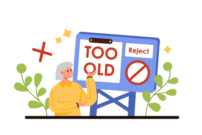 Age Discrimination In Hiring Ageism Unequal Rights And Difficulty In Careers For Older People Tiny Sad Old Woman With Too Old Stamp On CV Social Ethics Problem Cartoon Vector Illustration イラスト