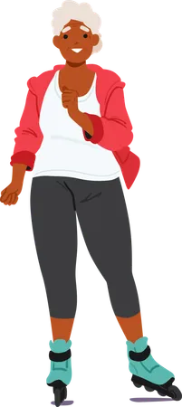 Aged Black Woman Wearing Sportswear Rollerblading  Illustration