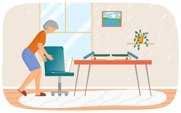 Retired Woman Standing Near Chair With Computer Dealing With Technology Using Modern Gadgets Concept Senior Female Character Elderly Lady Watching Video Chatting Working With Laptop At Home Illustration