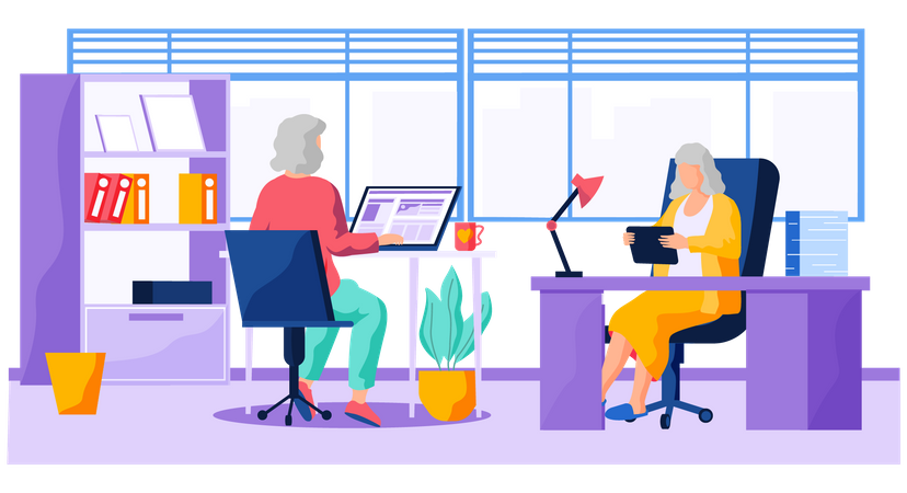 Aged business women working on laptop Illustration