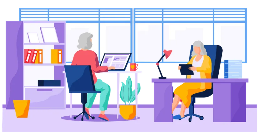 Aged business women working on laptop  Illustration