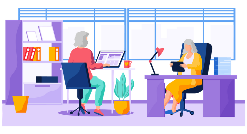 Aged business women working on laptop  Illustration